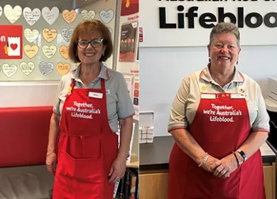 two women volunteers wearing red aprons that say 'Together, we're Australia's Lifeblood'. with a red sticker that says 'what does donation mean to you? Share it here'